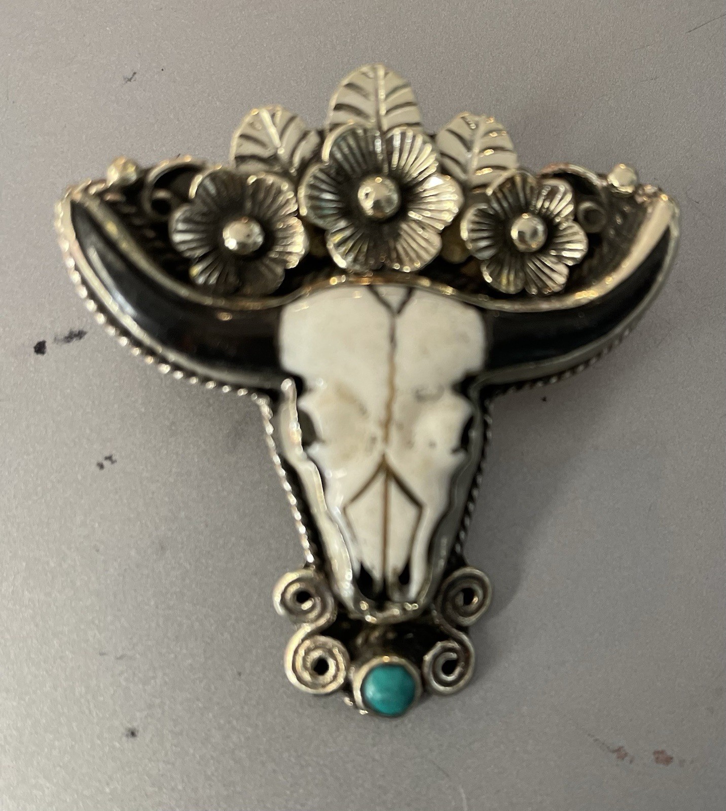 Western bone Steer Skull with Floral accent with Turquoise necklace slide