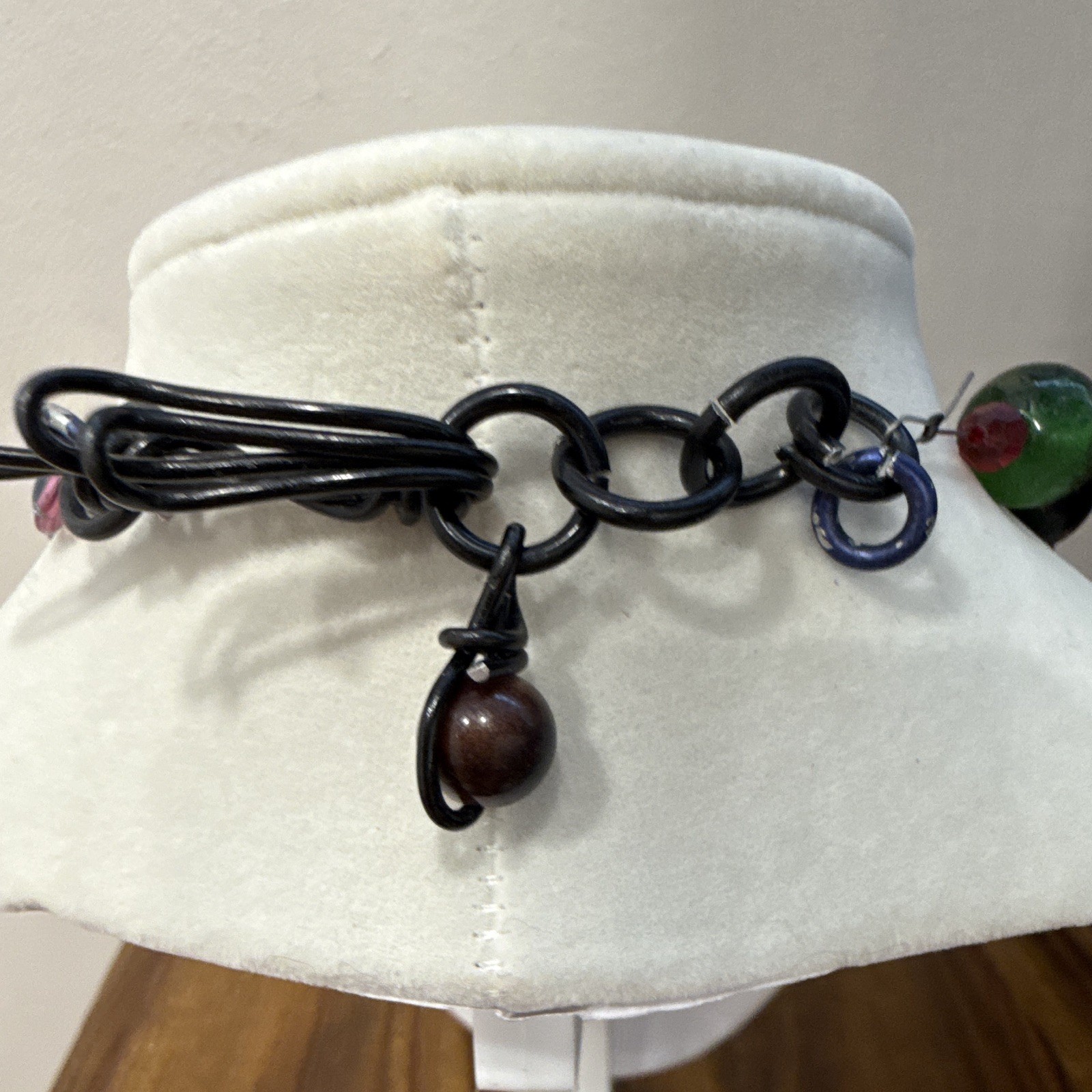 Artisan Multicolor Glass Bead Wire Wrapped Statement Necklace Boho Hook Clasp