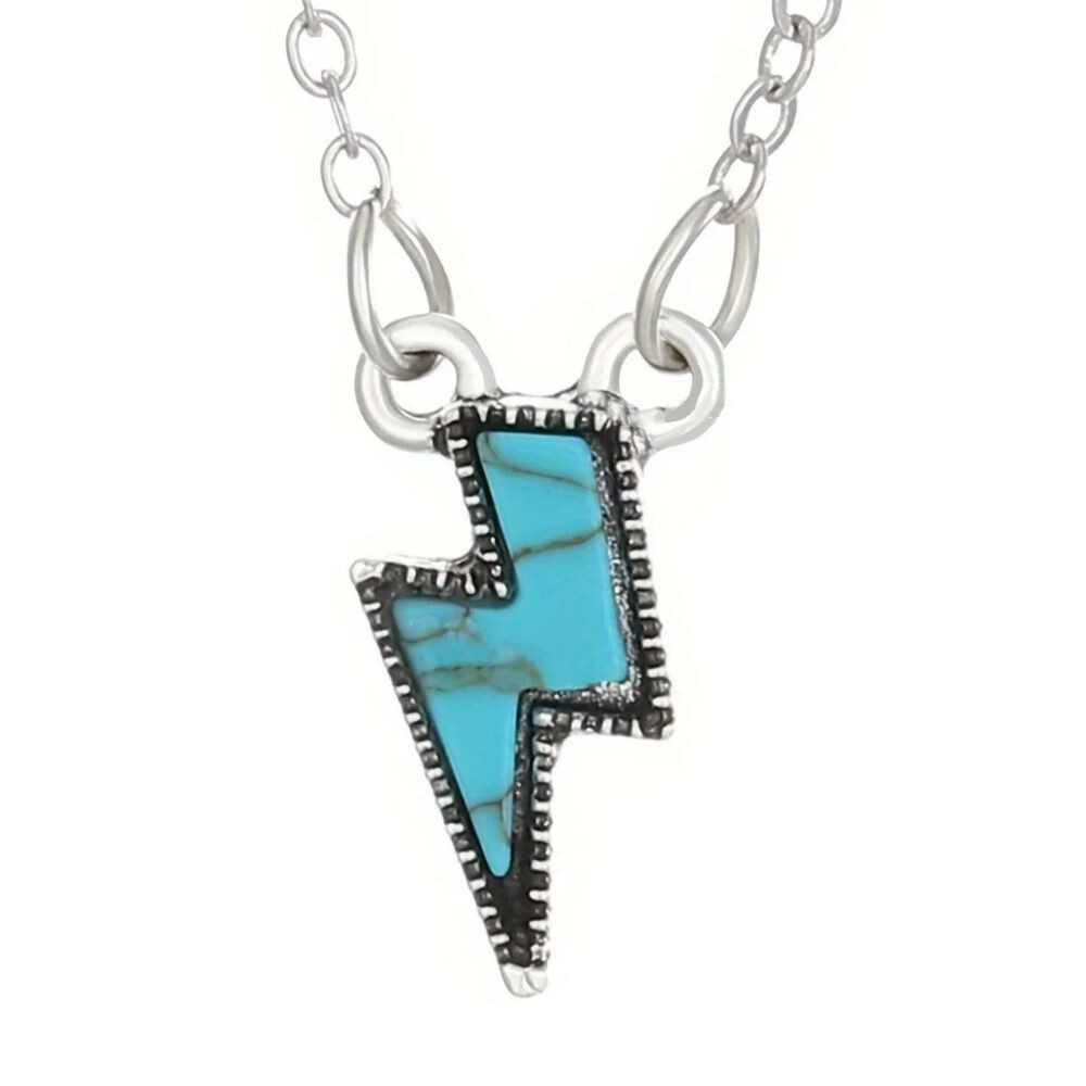 Turquoise Lightning Bolt Pendant Necklace – 19″ Oval Link Chain, Silver Tone