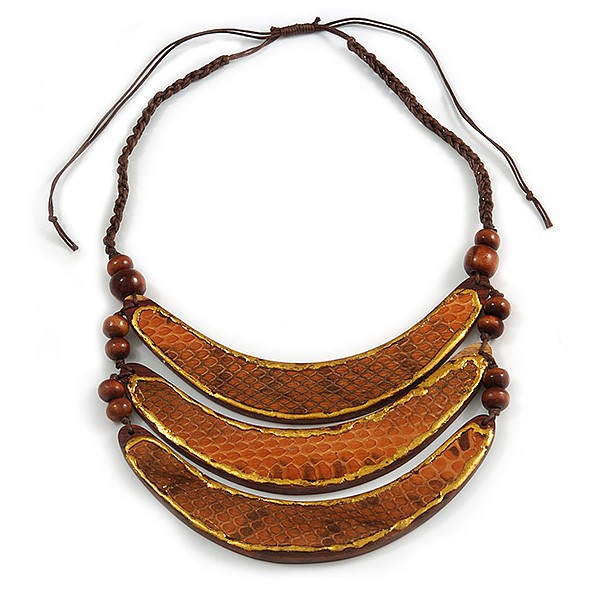 Tribal Layered Wooden Bar with Snake Print Leather Detailing Cotton Cord