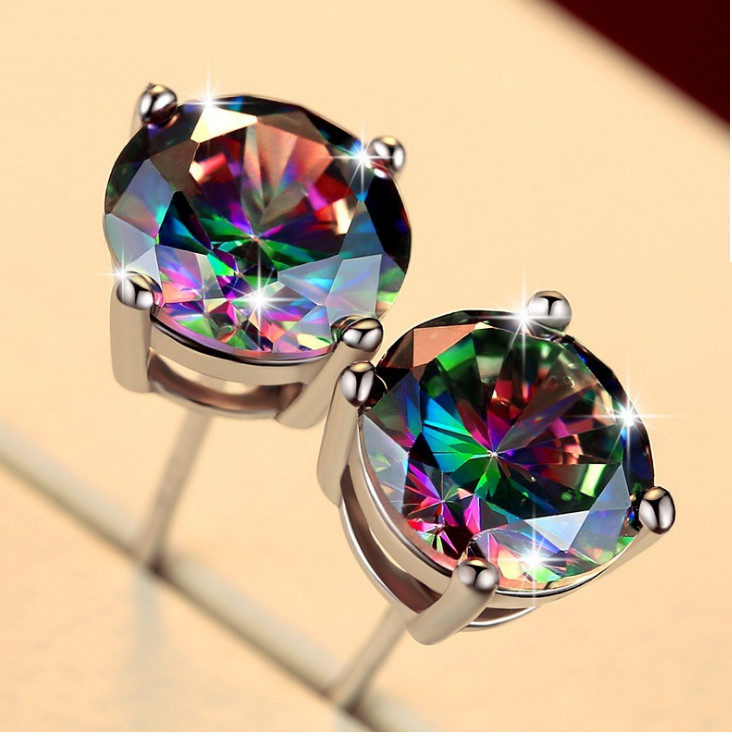 Men Women Sterling Silver Post Stud Square Round Colorful CZ Earrings Gift PE22