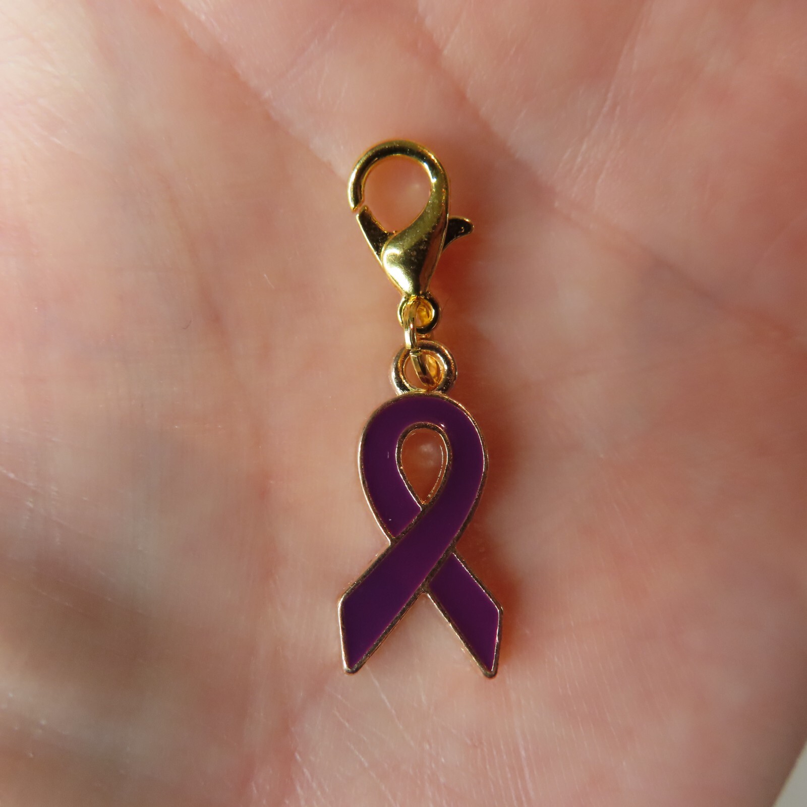 PURPLE RIBBON Alzheimers Awareness Charm Zipper Pull Keychain Add On Clip Dangle