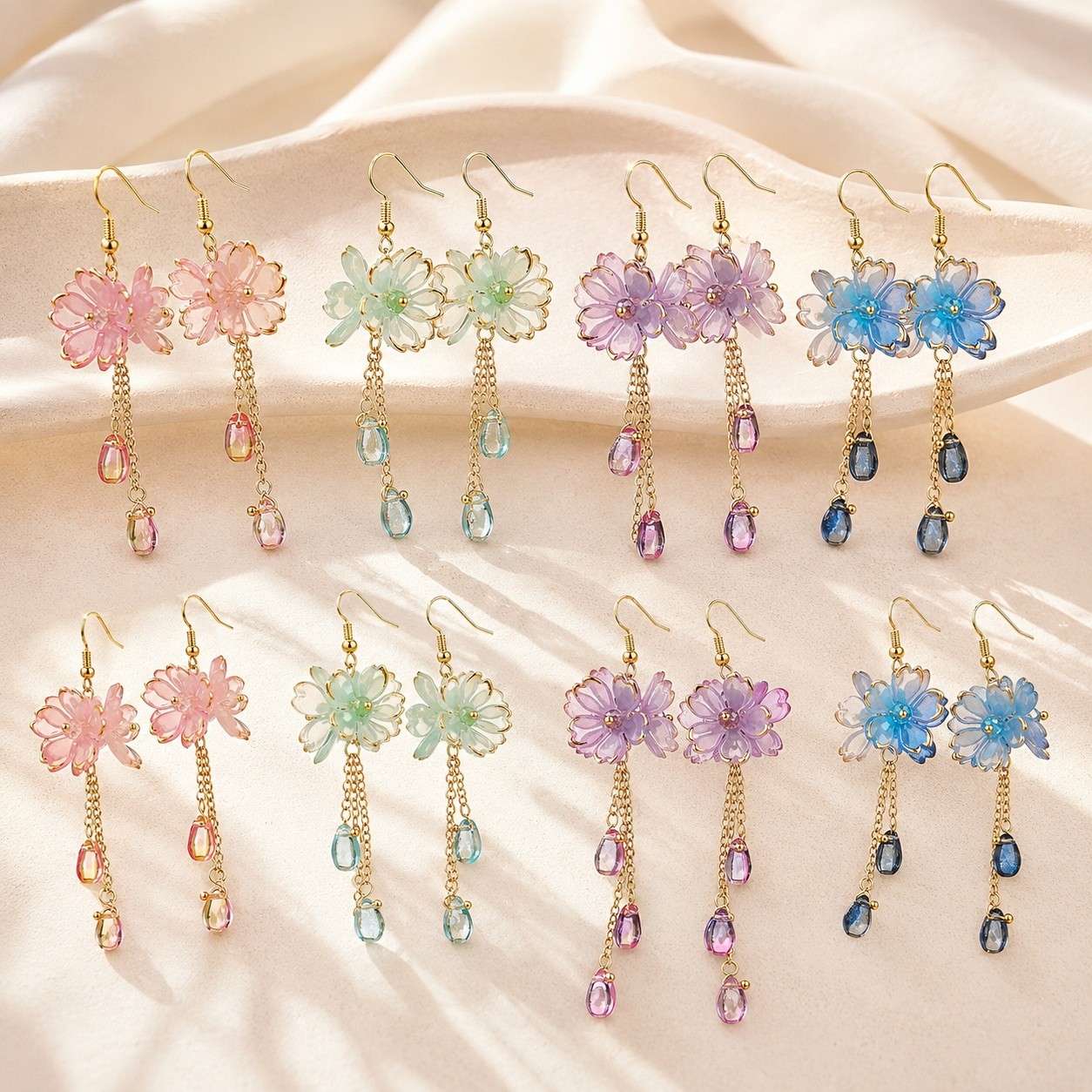 Dangle Drop Earrings Stainless Steel 18K Gold Plated Flower 3.11 in Beaded E106