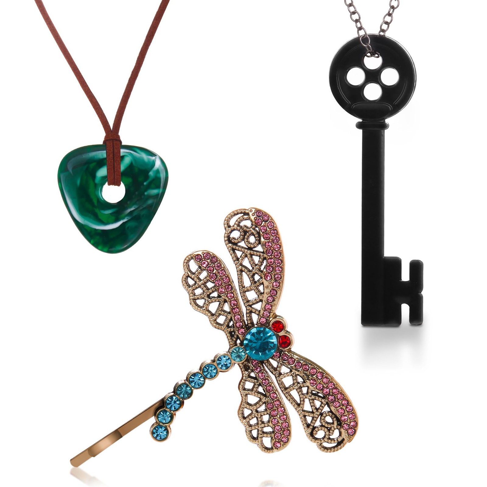 woxafo 3PCS Coraline Accessories Coraline Necklaces|Key Necklaces|Dragonfly Hair