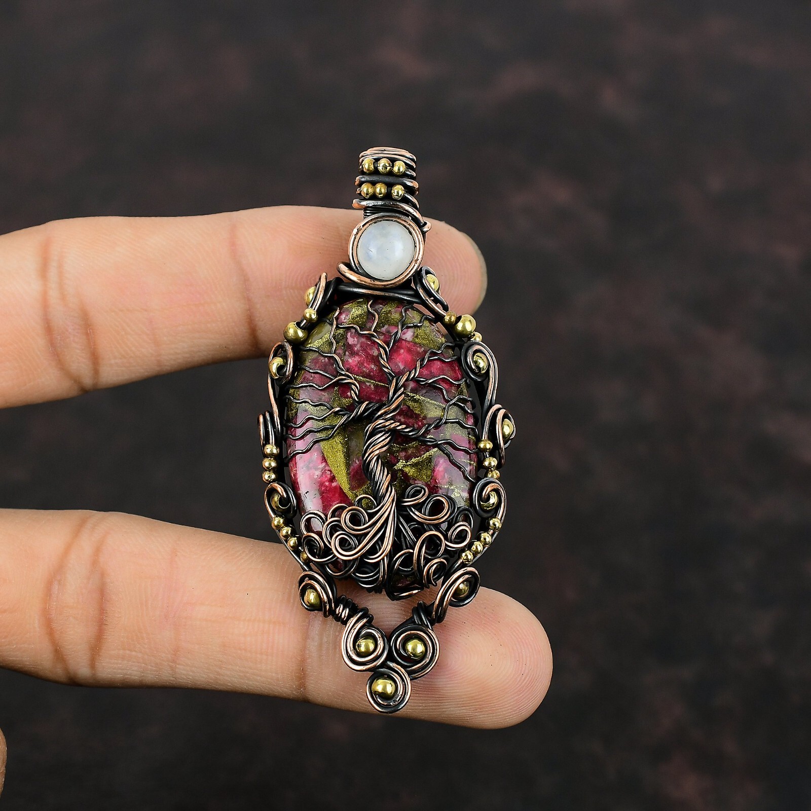 Thulite Copper Gift For Briedsmaid Wire Wrapped Tree Of Life Pendant 2.76″