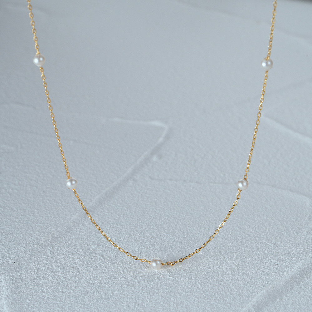 925 Sterling Silver Dainty Pearl Bead Station Chain Necklace for Women