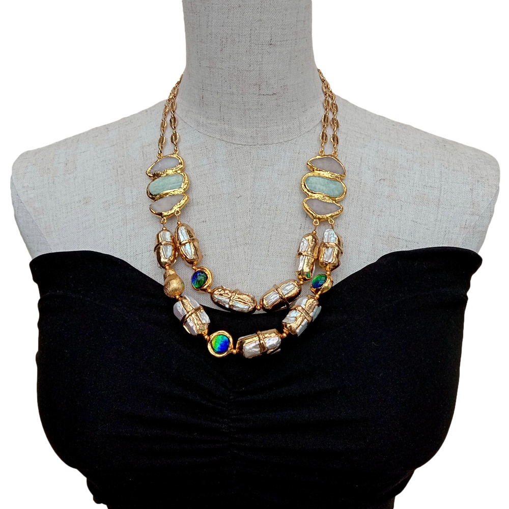 2 Rows Cultured Freshwater Biwa Pearl Amazonite Druzy Murano Glass Necklace 21″