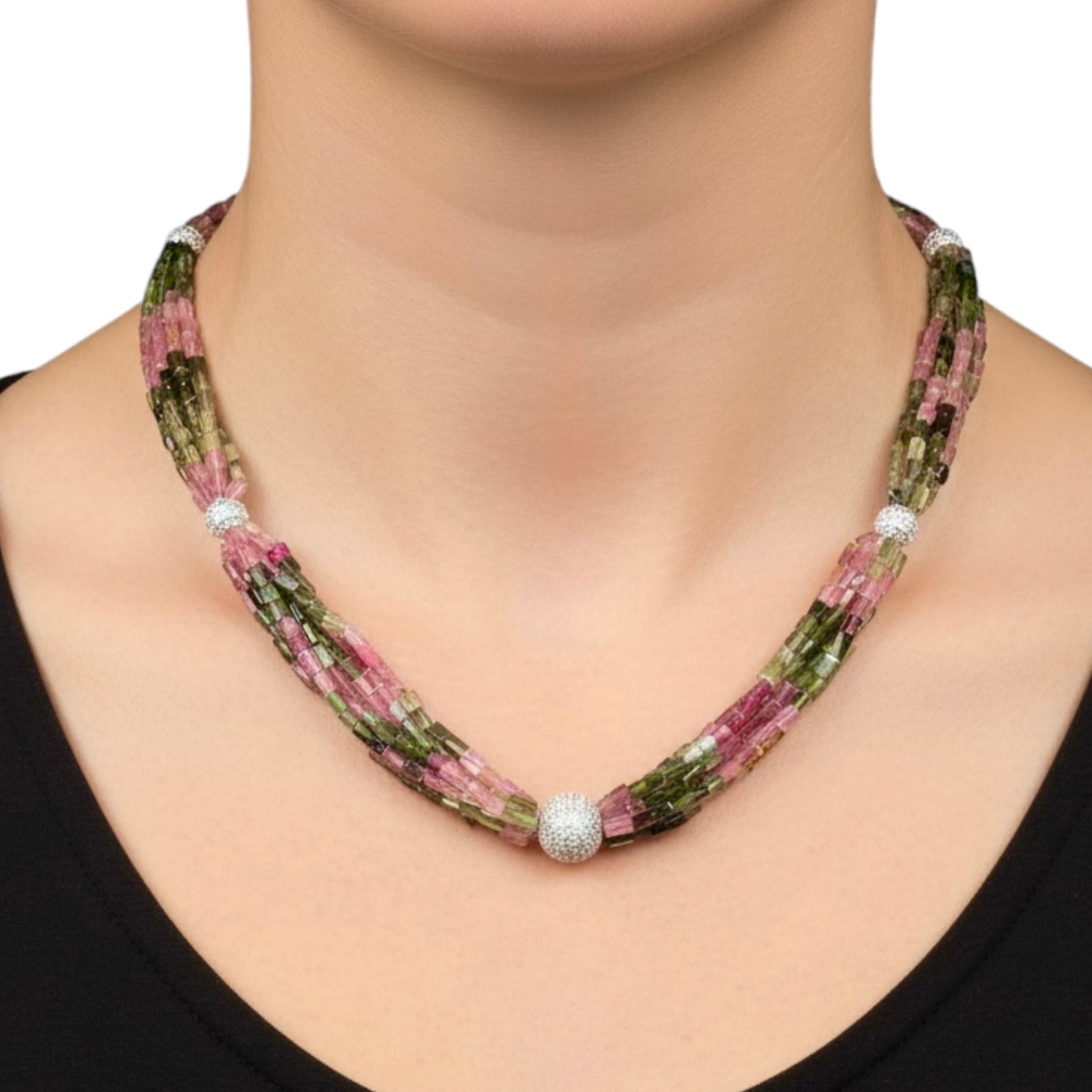 7 Strands Natural Multi Tourmaline Octagon Beads Boutique Necklace 925 Clasp