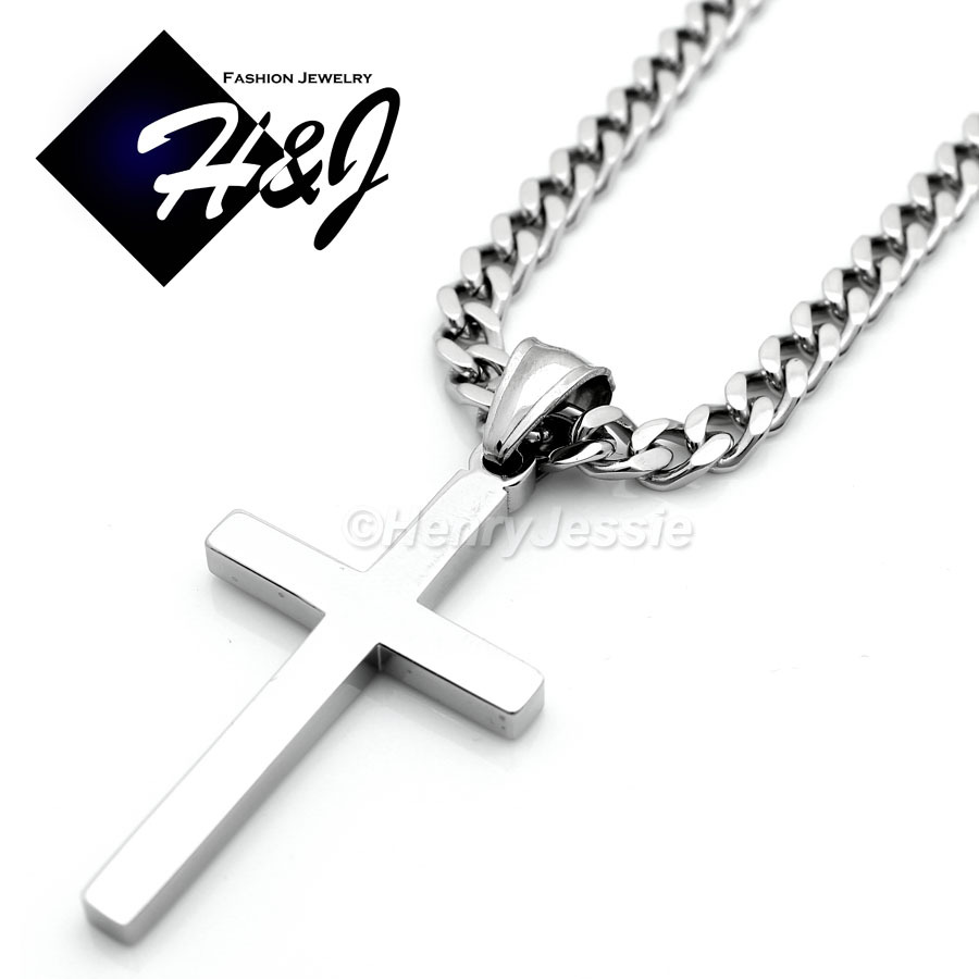 24″Stainless Steel 5mm Silver/Gold Plated Cuban Curb Chain Plain Cross Pendant*P