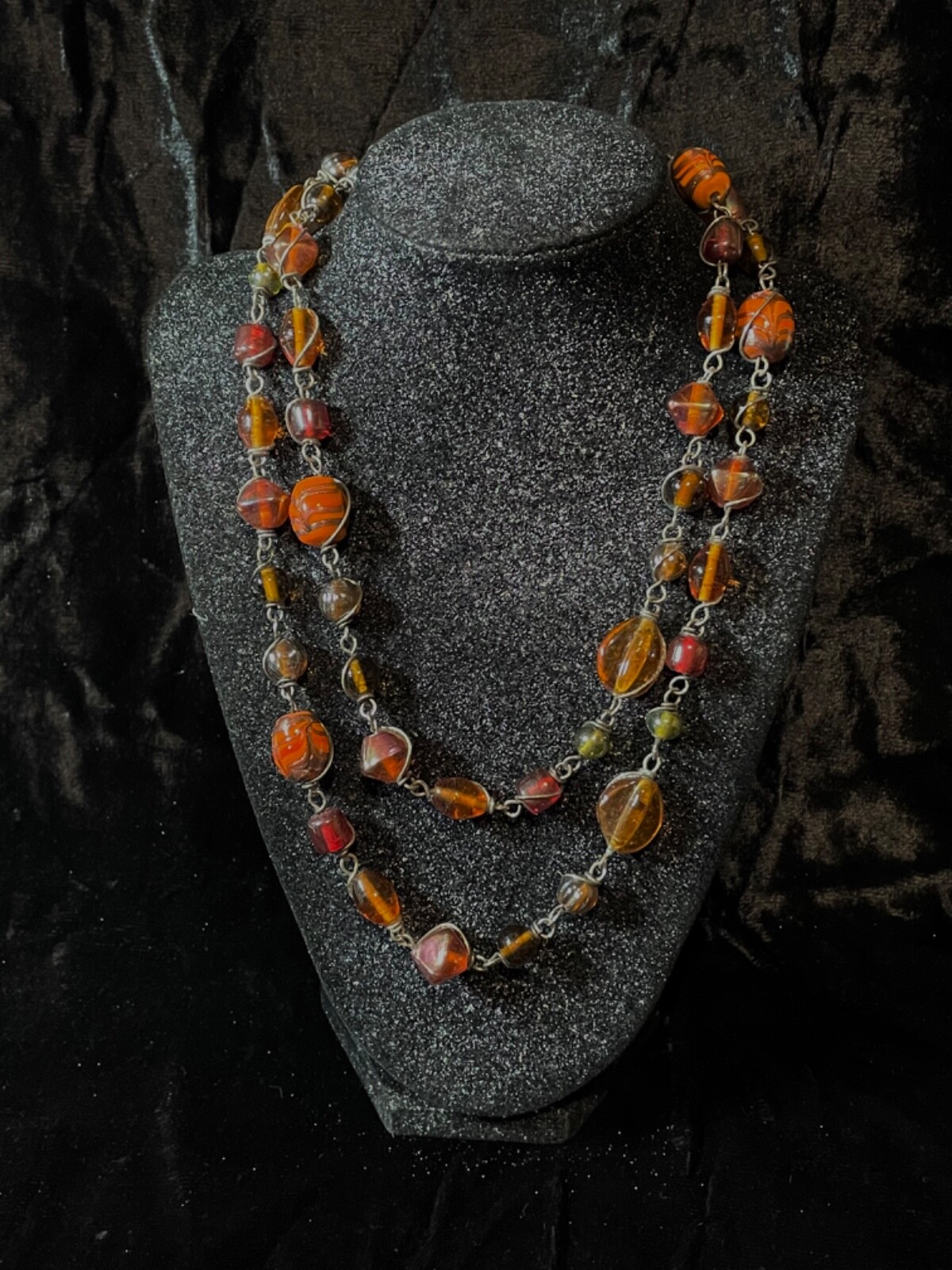NECKLACE costume glass brown orange red green bead silvertone metal wrapped loop