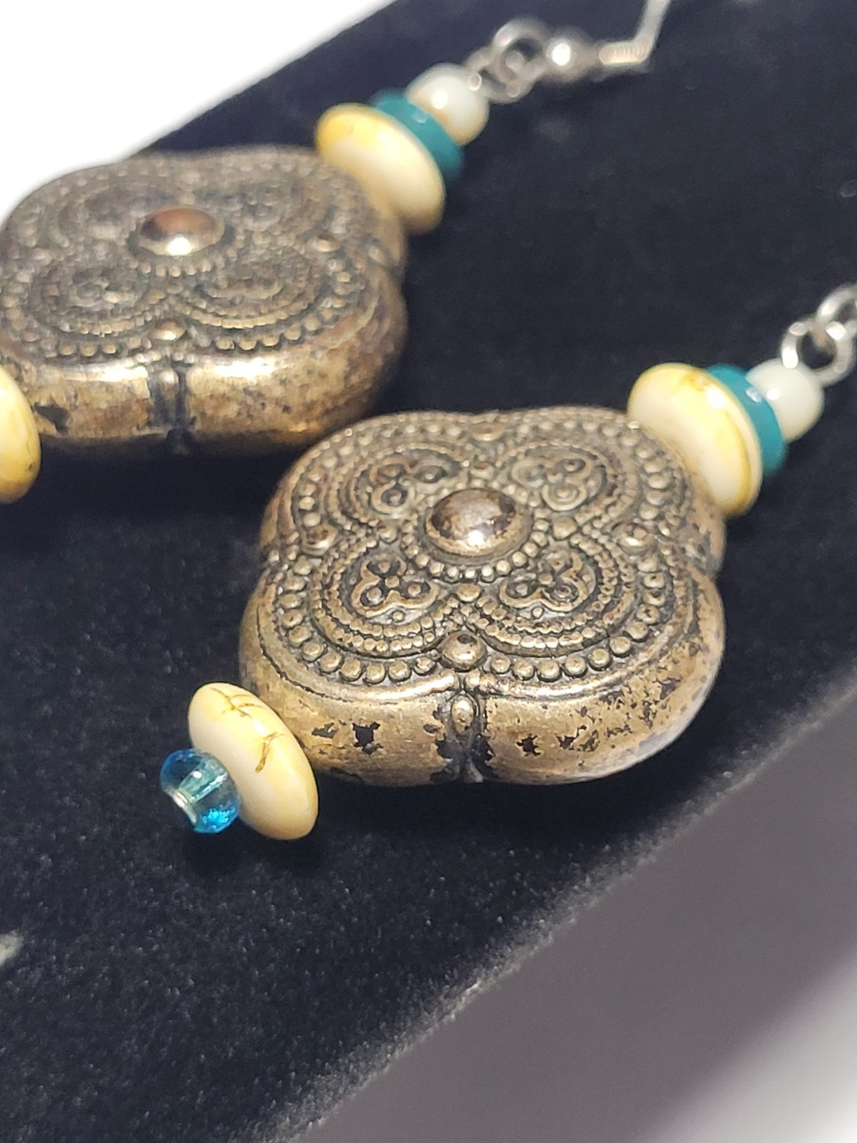 Bronzetone Boho Tribal Style Quatrefoil Clover Dangle Beaded Statement Earrings