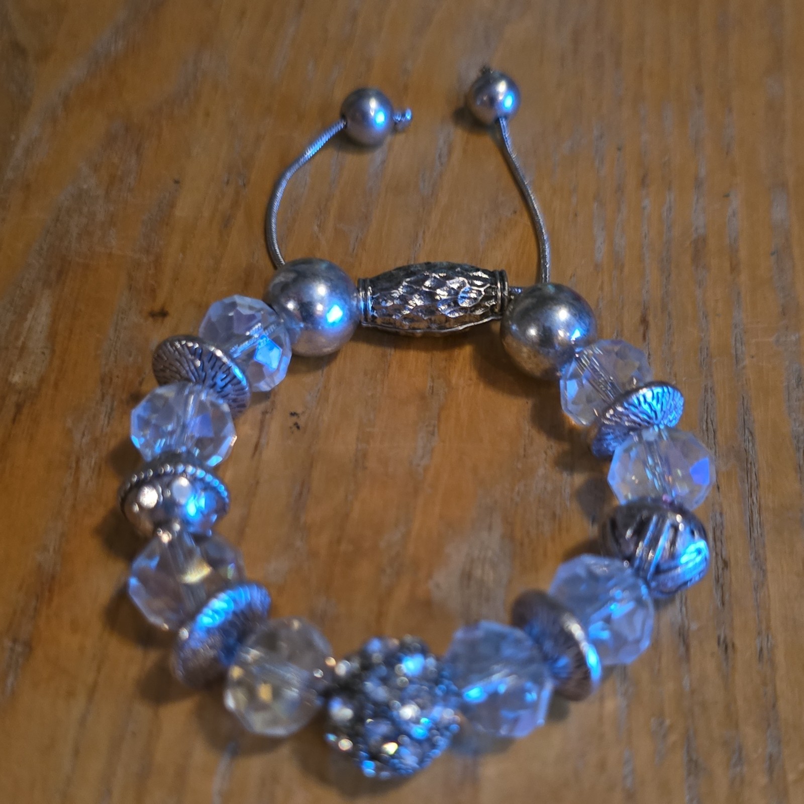 Silver Tone Clear Crystal Round Beaded Bracelet Adjustable Bolo Closure