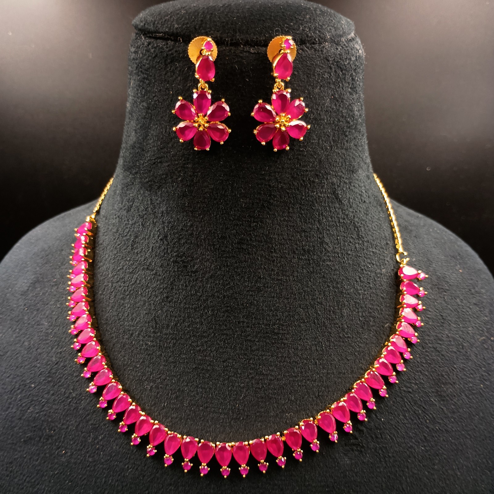 Vintage Ruby Necklace Set 22K Gold Plated Boho Bridal Anniversary Birthstone Gif
