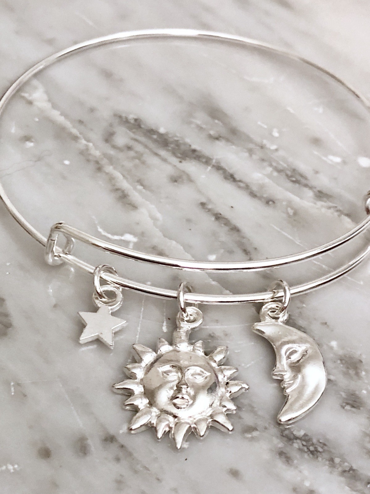 Sun Moon and Star Celestial bright Silver charm Expandable Bangle Bracelet