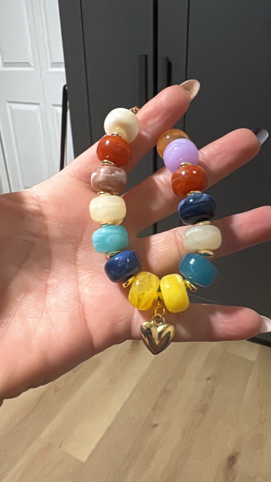 Stretch Multicolor Round Beaded Stackable Bracelet w/ Heart Dangle Charm