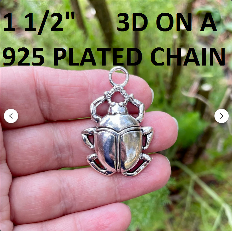Large 3D BEETLE BUG INSECT Pendant on 22″ 925 Plated Sterling Silver Necklace
