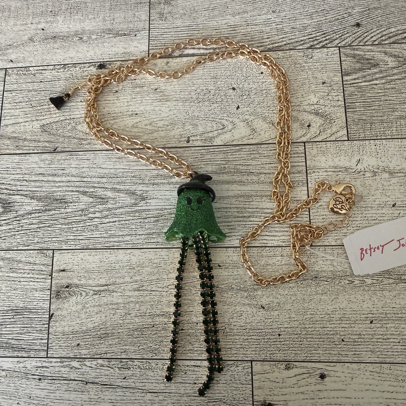 Betsey Johnson Halloween Green Glitter Ghost Rhinestone Witch Necklace NWT