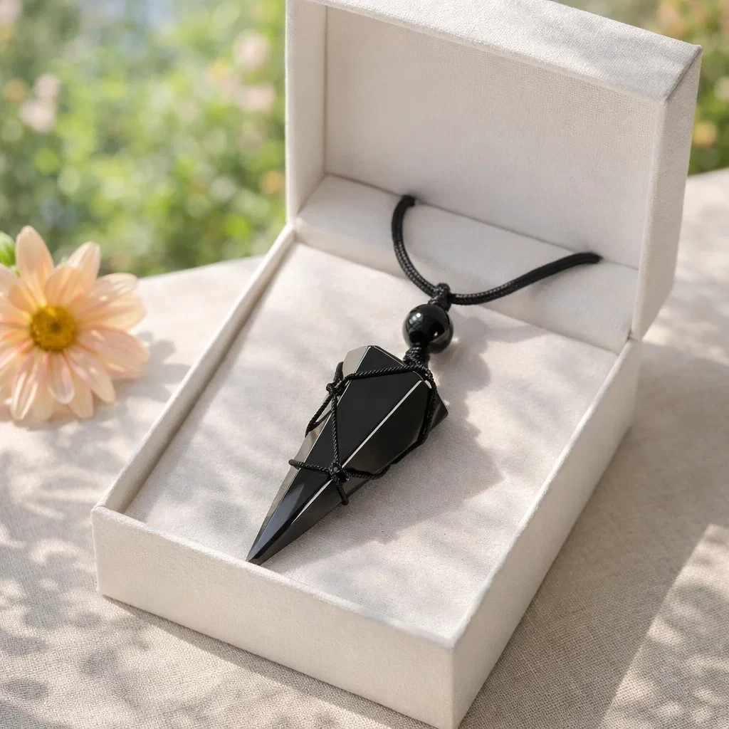 Natural Black Obsidian Necklace Crystal Point Pendant Protection Negative Energy
