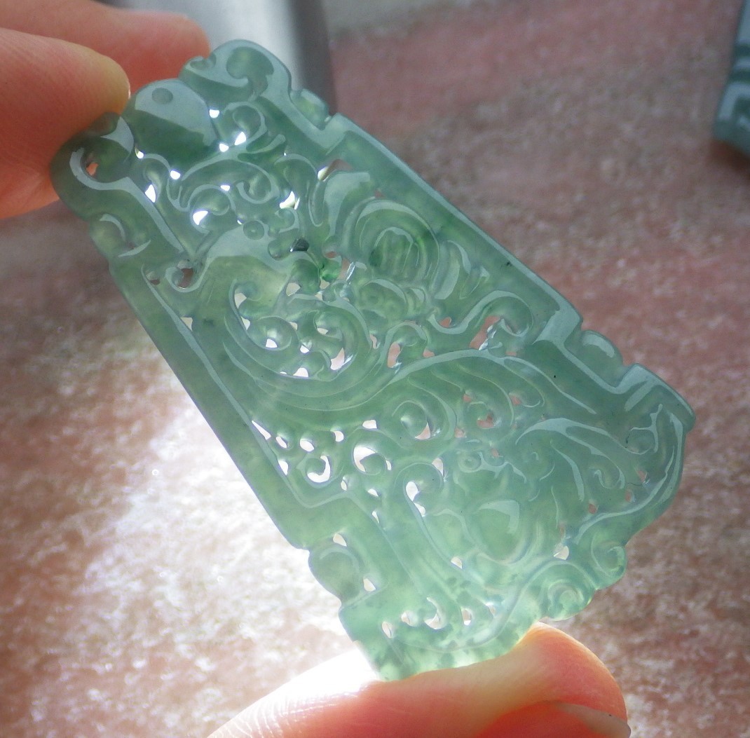 1Pcs Green Burma 100% Natural A Jade jadeite Pendant Dragon Bat Ruyi 生意兴隆 735470