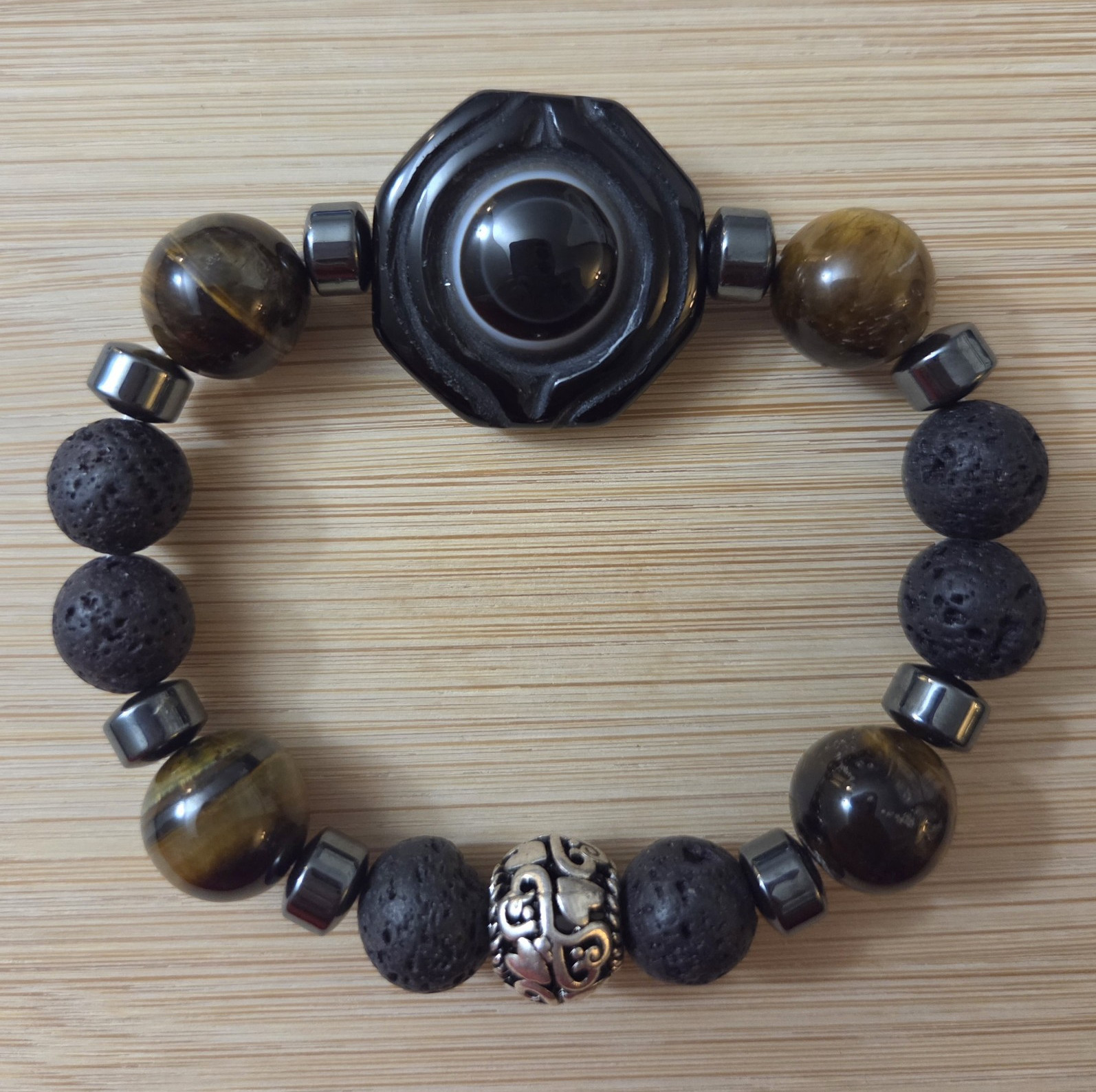 Mens bracelet with double Dzi: Dragon eye and ying yang with natural Stones.