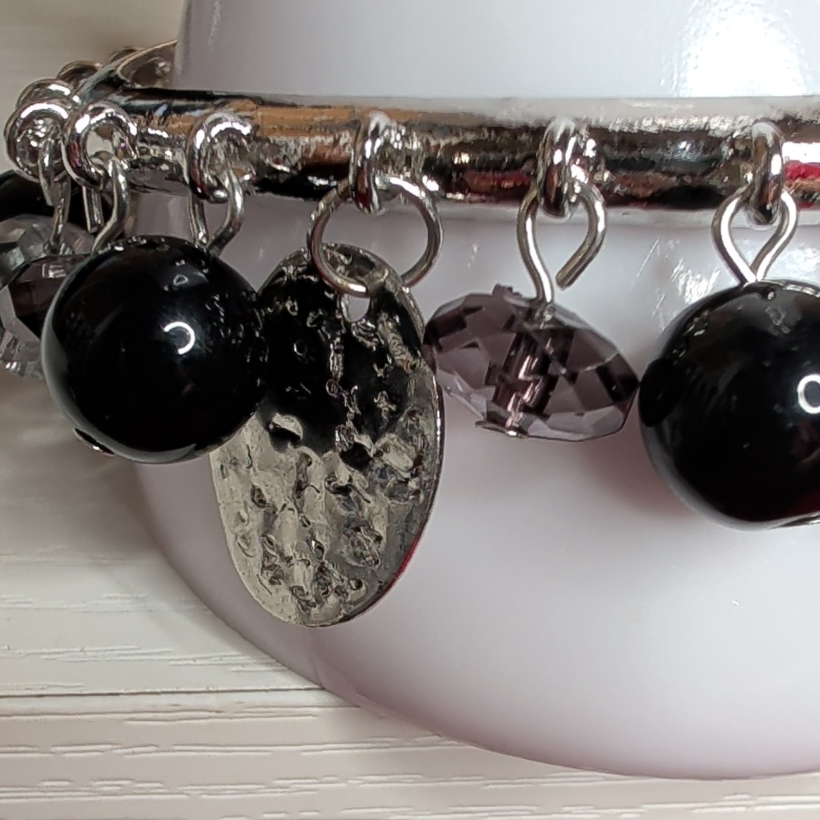 Silver-Tone Hinged Charm Stretch Bracelet w/ Black Clear Purple Round Beads