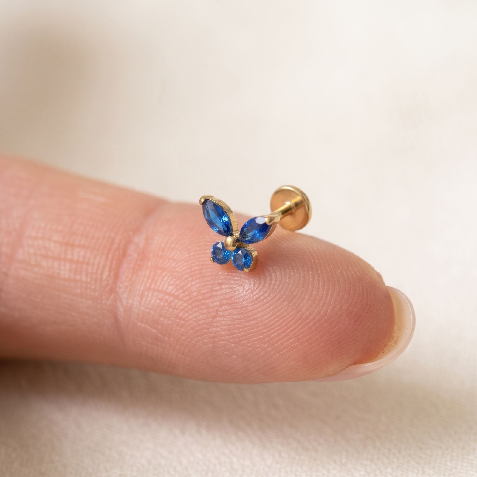 Birthstone Butterfly Flat Back Earrings 14K Gold Plated Titanium Labret 16G
