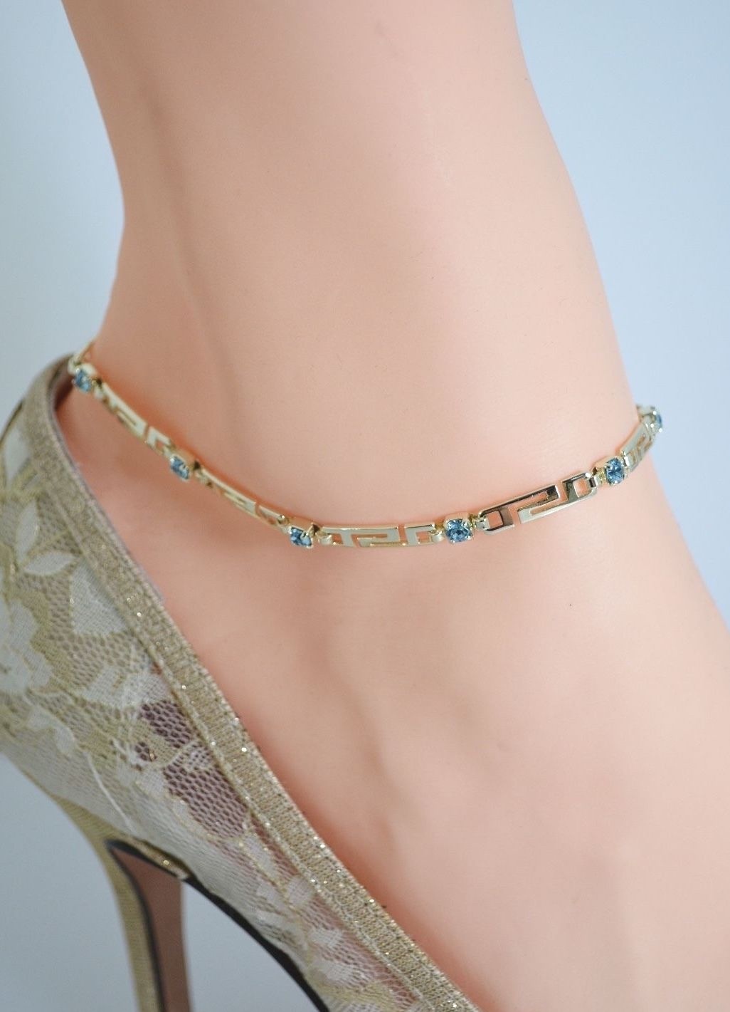 14Kt GOLD CLAD BOND Greek Key Lt Blue Cubic Stones ANKLET ANKLE BRACELET 9″-13″