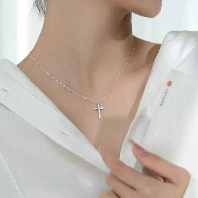 1.20 Ct Round Cut Simulated Diamond Cross Pendant Chain 14K White Gold Plated