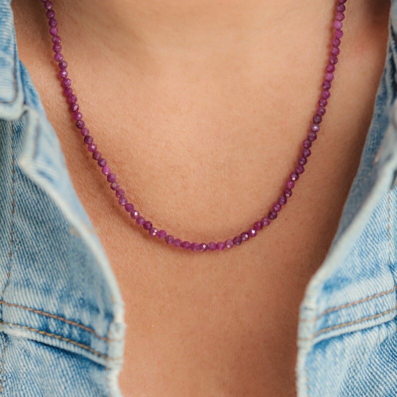 AAA Genuine Pink Ruby Faceted Round Gemstone Beads Handmade Women Necklaces 18”