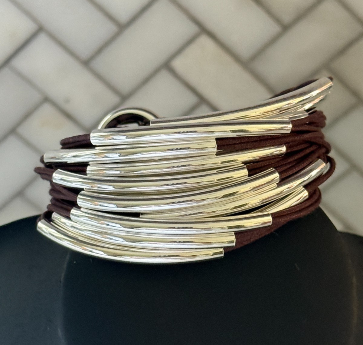 GILLIAN JULIUS NWOT Brown Waxed Multi-Strand Cord Silver Tube Statement Bracelet
