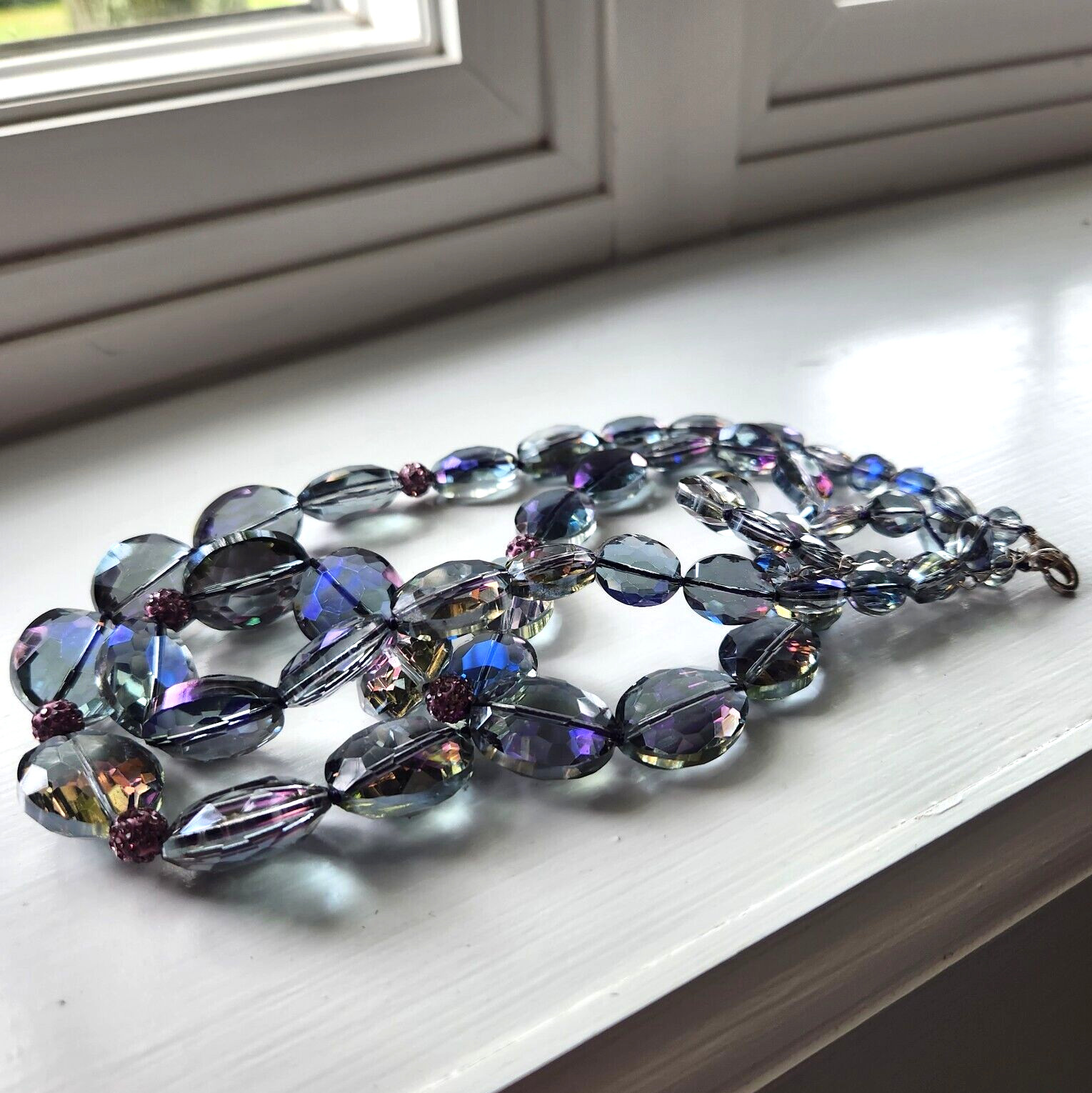 Beaded Necklace Clip Earrings Purple Blue Pink Iridescent Smoky Special Occasion