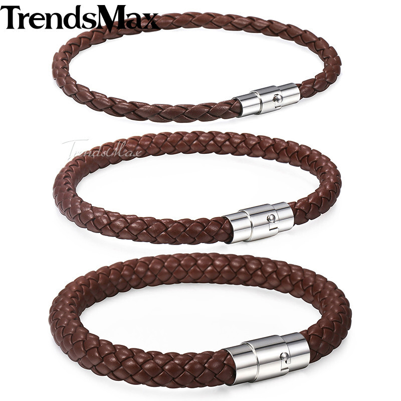 4/6/8mm Brown Braided Cord Rope Man-made Leather Bracelet Magnetic Clasp 8-10″