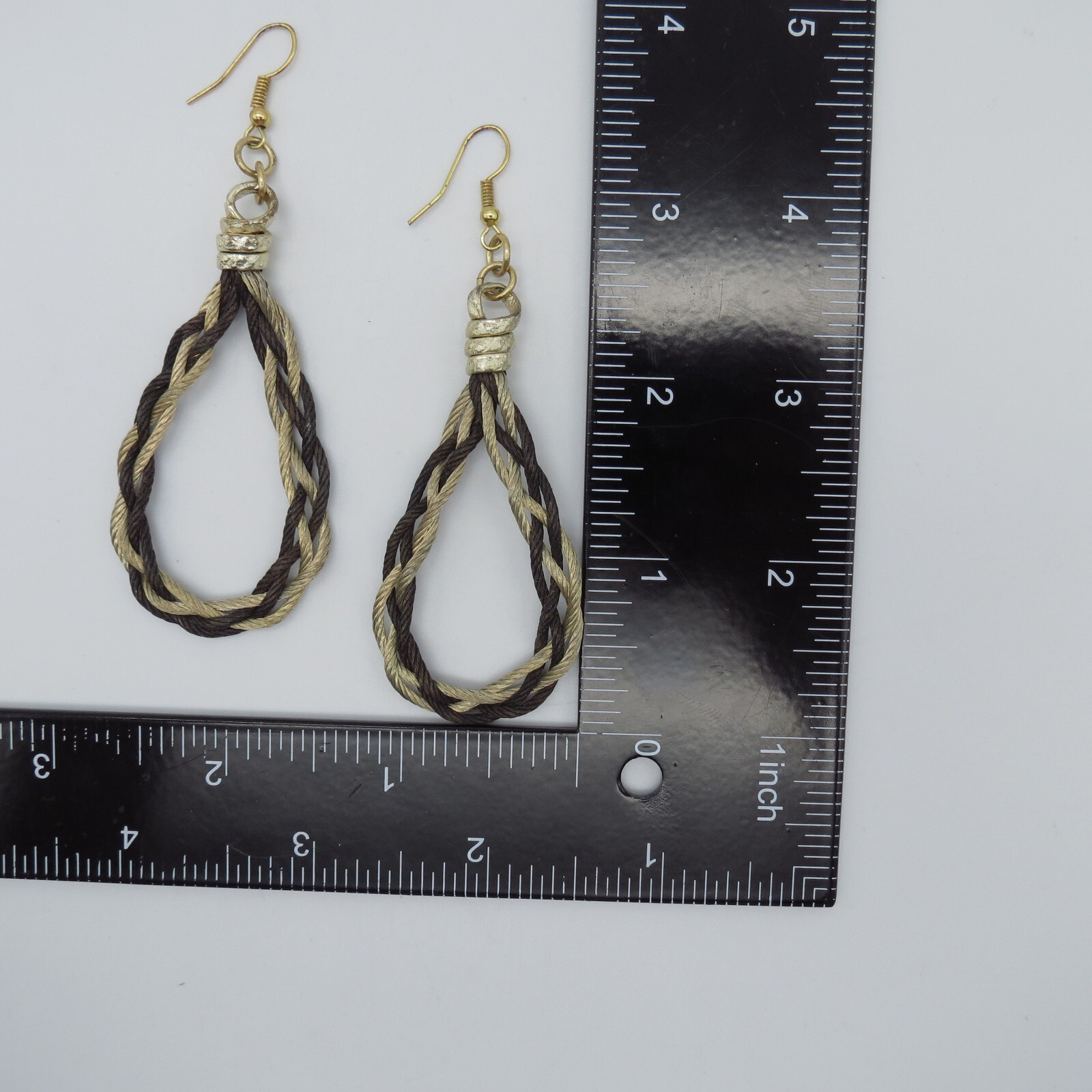 Teardrop Dangle Earrings Brown Beige Braided Rope Gold Tone Boho