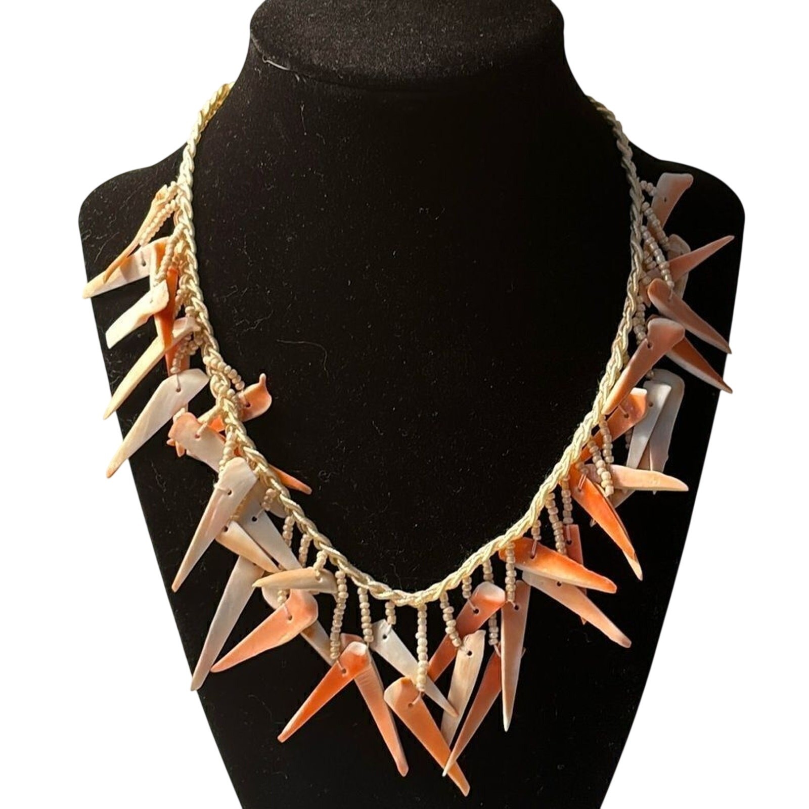Braided Natural Cut Sea Shell Statement Necklace with Orange Tones 17”