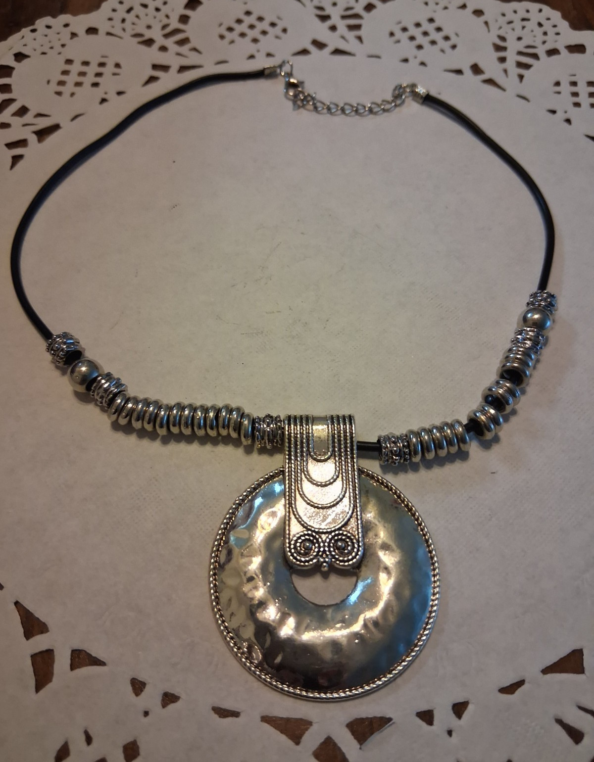 Silver Tone Round Metal Pendant Statement Necklace Black Cord Lobster Clasp 8in