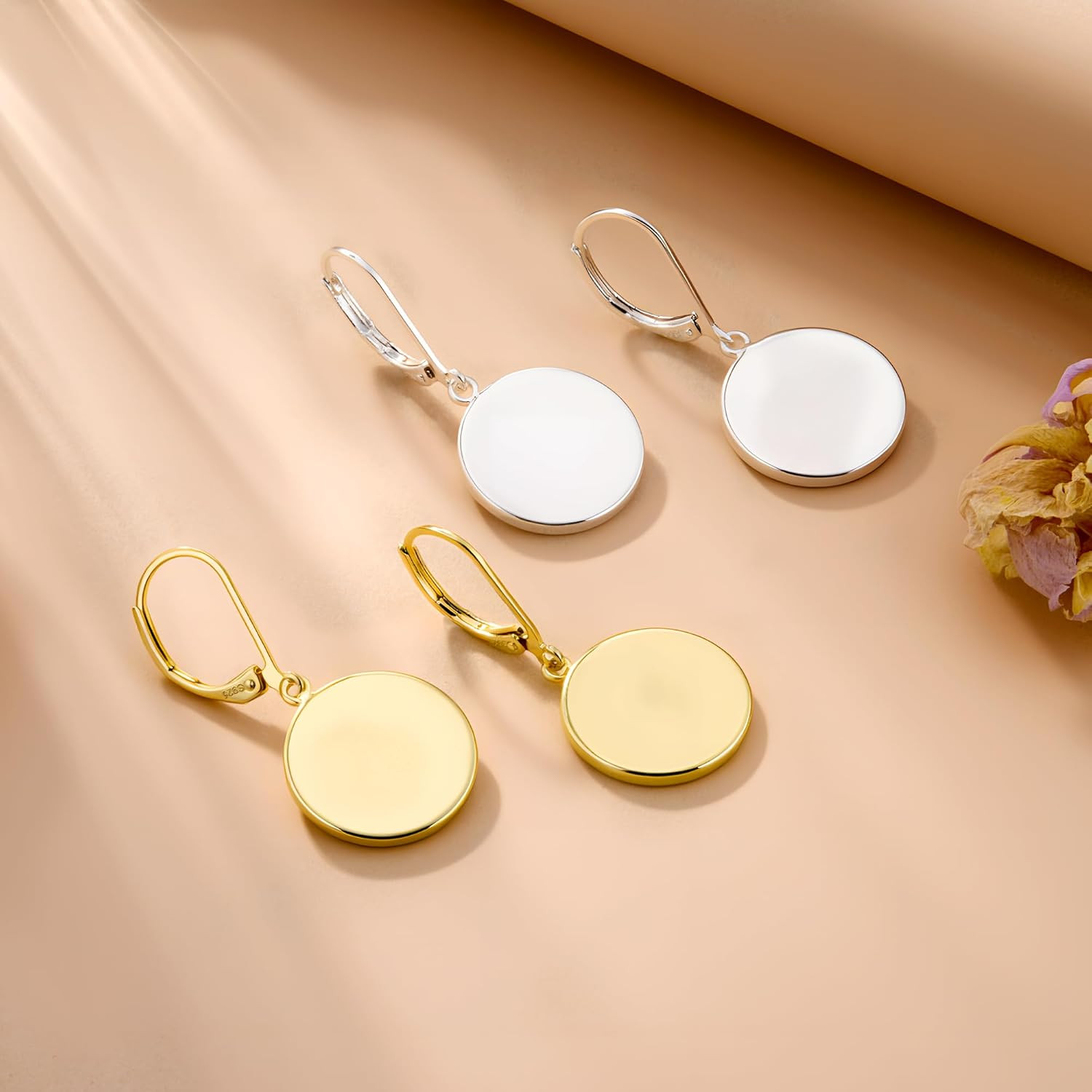 Disc Dangle Earrings for Women, 14K Gold Plated Flat Hypoallergenic Drop Earring