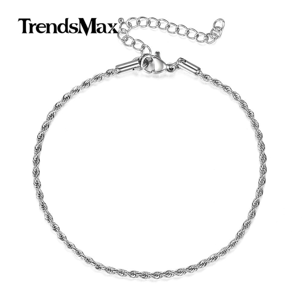 Silver Stainless Steel Twisted Rope Chain Bracelet for Women 7+2″ Extension Link