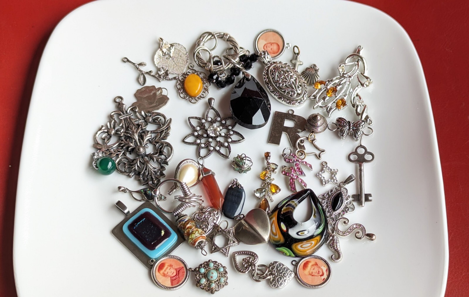 Vintage To Now 40 Pcs Lot Jewelry Making CHARMS Silver Tone Metal Glass PENDANT