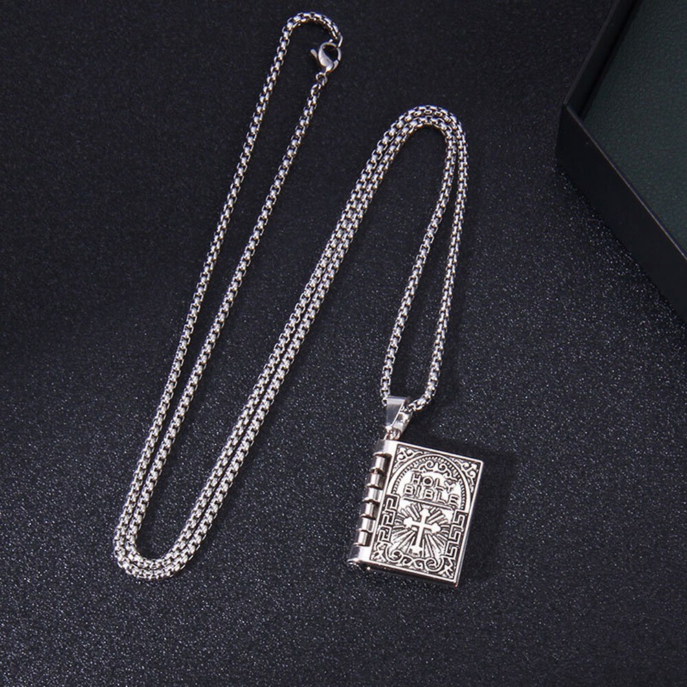Bible Book Pendant Necklace Vintage Silver Cross Unique Jewelry For Men Women US
