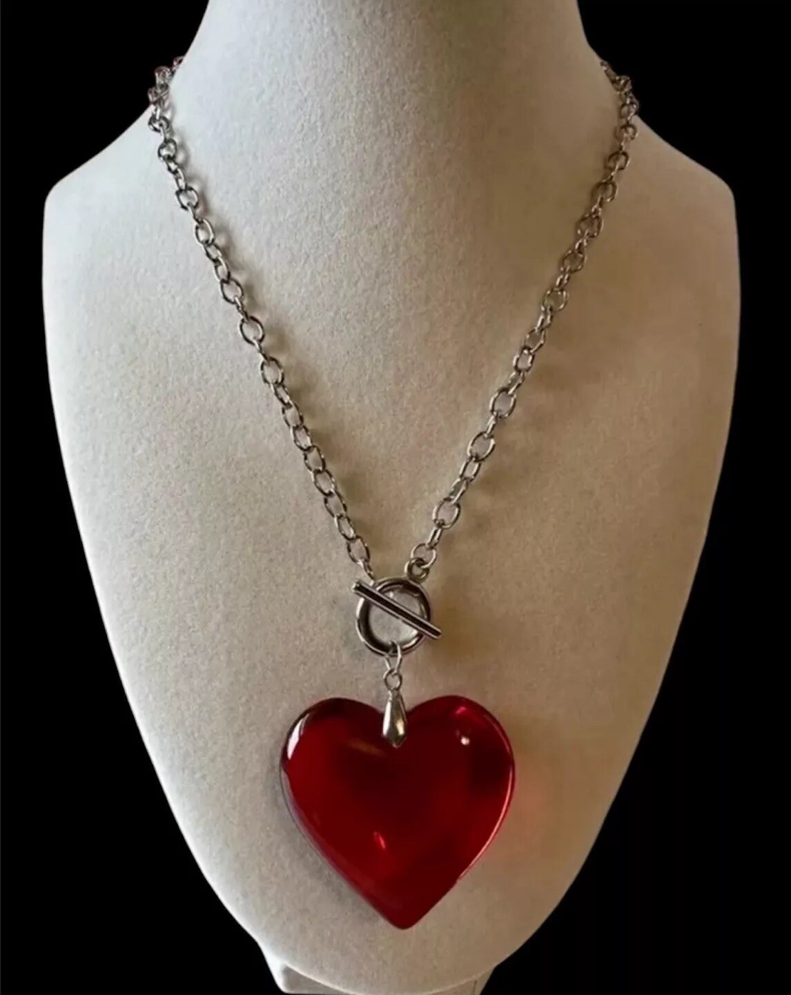 Red Glass Crystal Heart Pendant Charm Necklace Love Necklace Chunky 3D Large