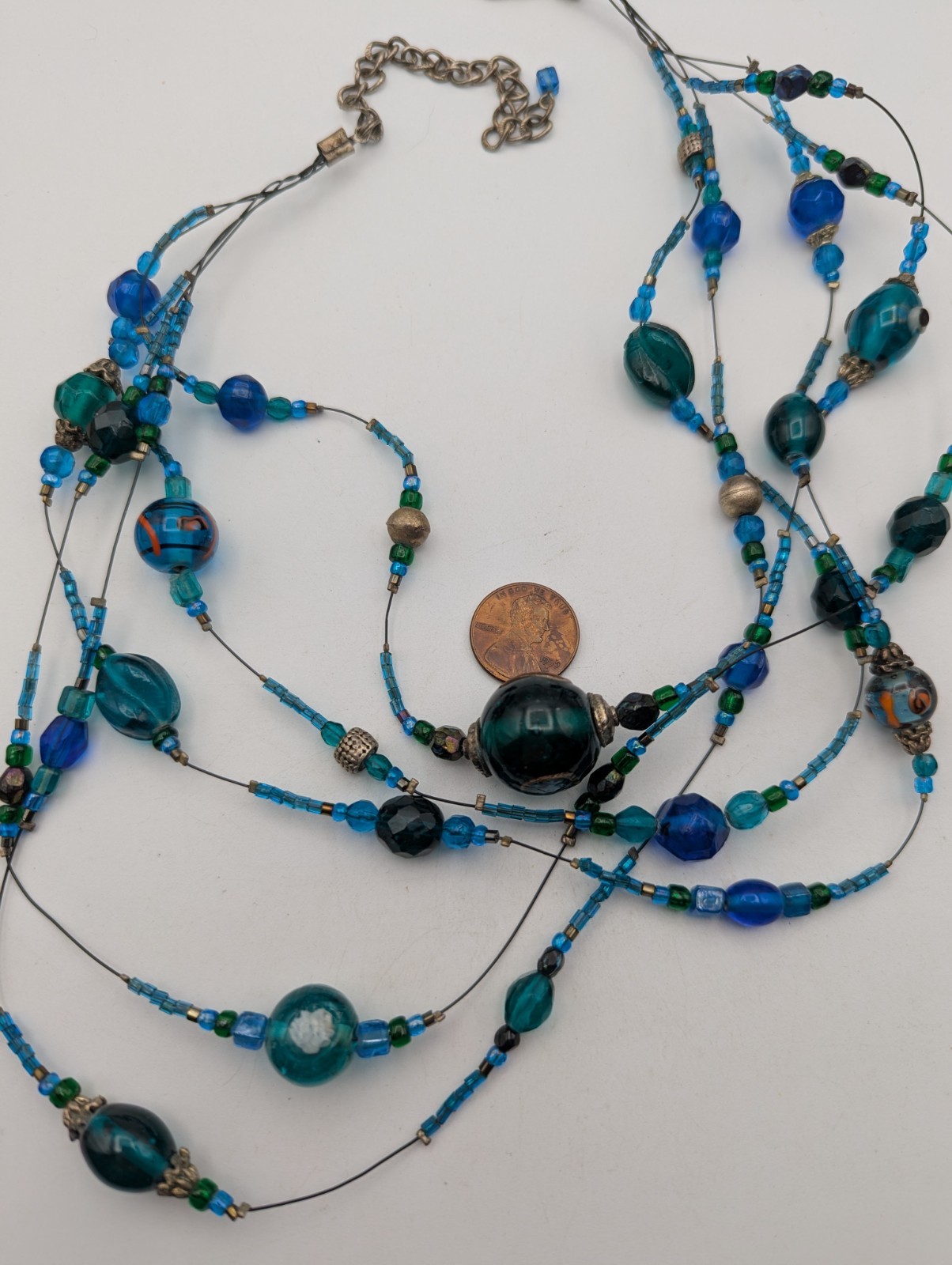 Glass & Plastic 5 Strand Beaded Necklace Blue Green Silver Tone