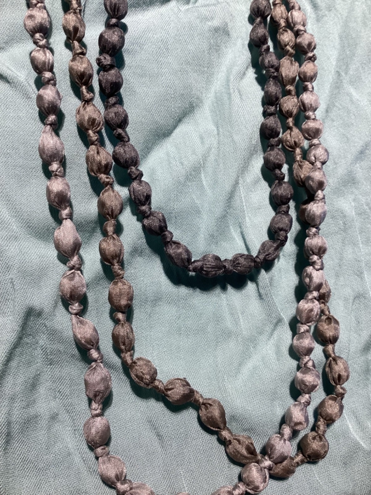 Vintage Gray Fabric Wrapped Bead Necklace Multi Strand Ribbon Tie Boho