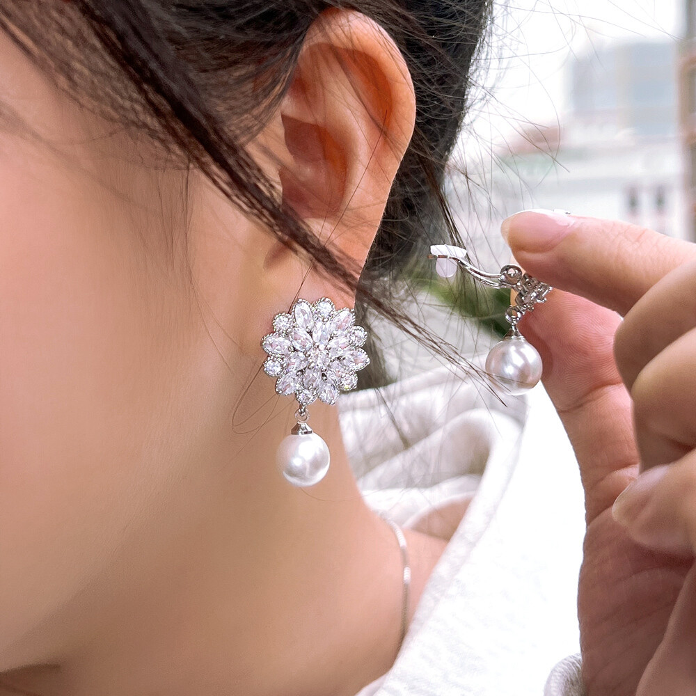 CWWZircons CZ Crystal Pearl Flower Non Pierced Clip on Drop Earrings for Women