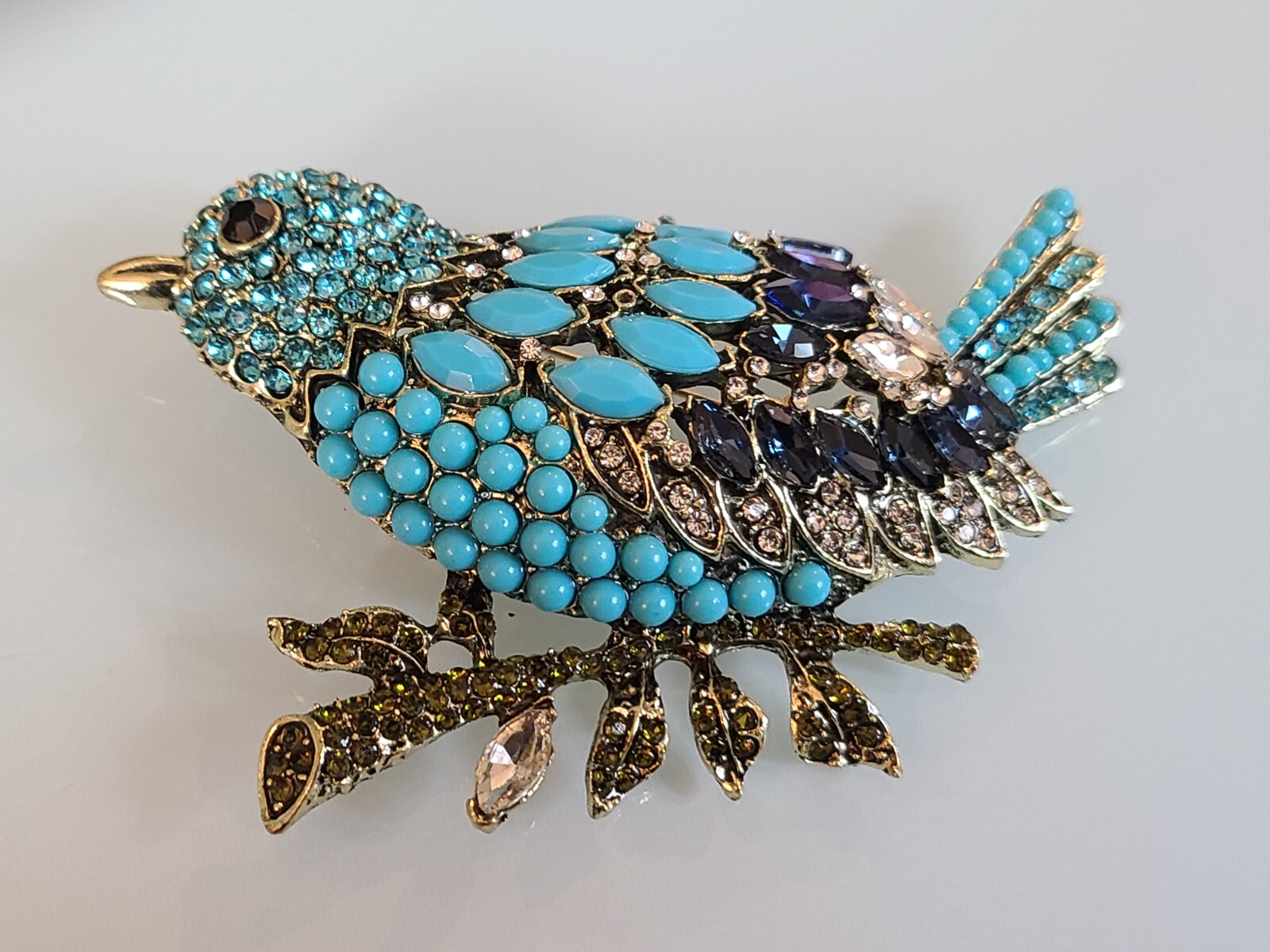 FAB HUGE 3.75″ New UNSIGNED I DESIGNER MARQUISE RHINESTONE BLUE BIRD PIN