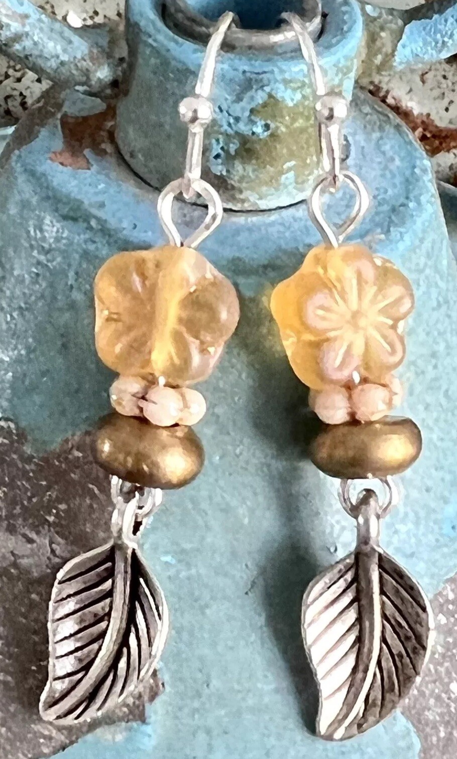 Beautiful Mixed Metal Golden Amber Flower with Silver Leaf Earrings. Bloom