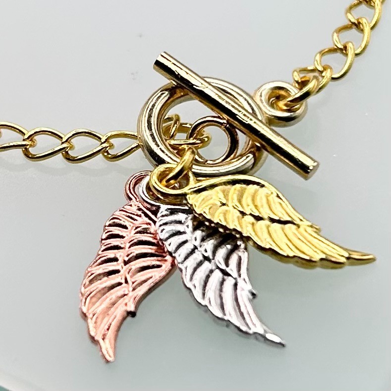 Mini Angel Wing Triple Pendant T-Bar Bracelet (Gold Chain) New Handmade