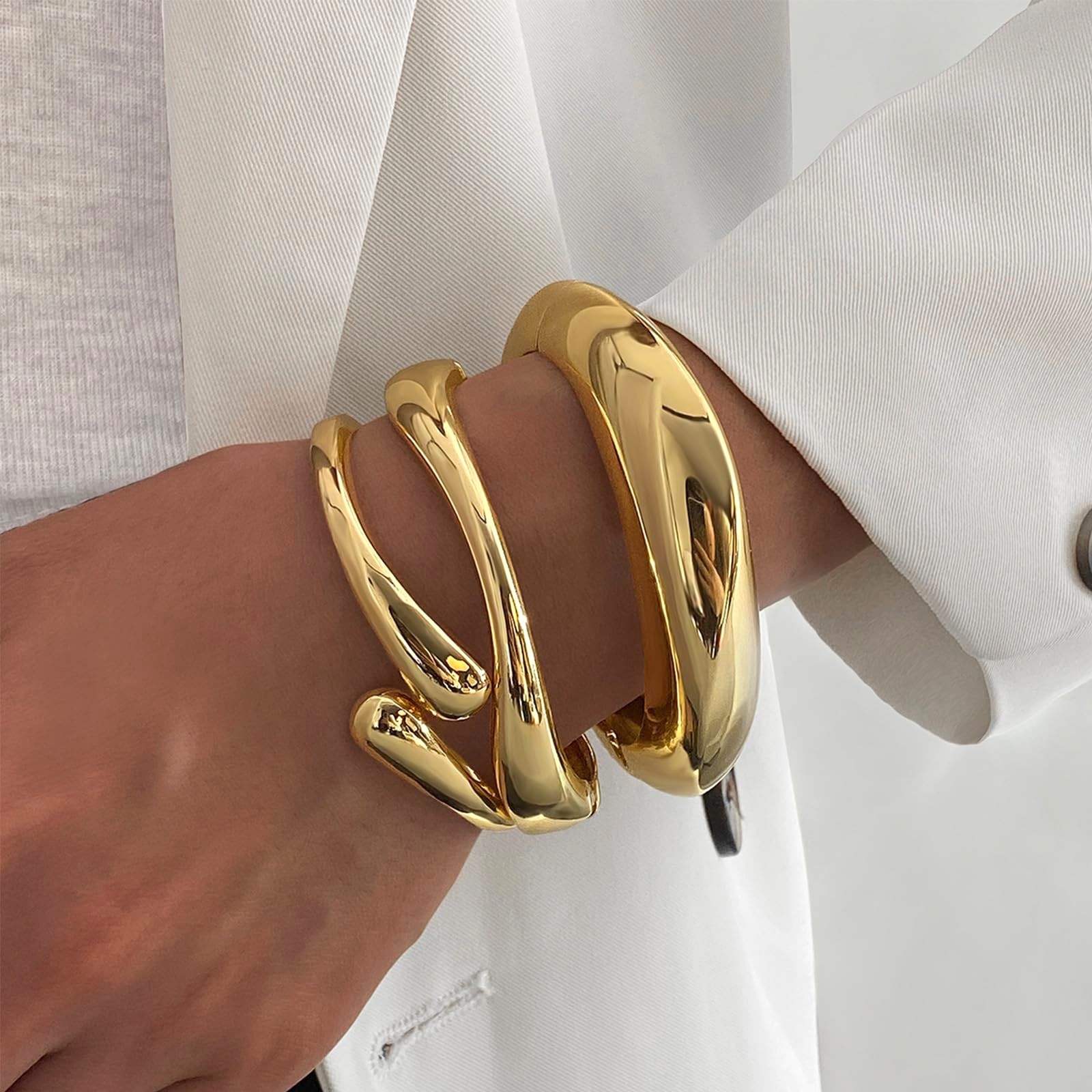 Luxury 14K Gold Plated Chunky Bangle Bracelet Set Women Thick Stackable Cuff