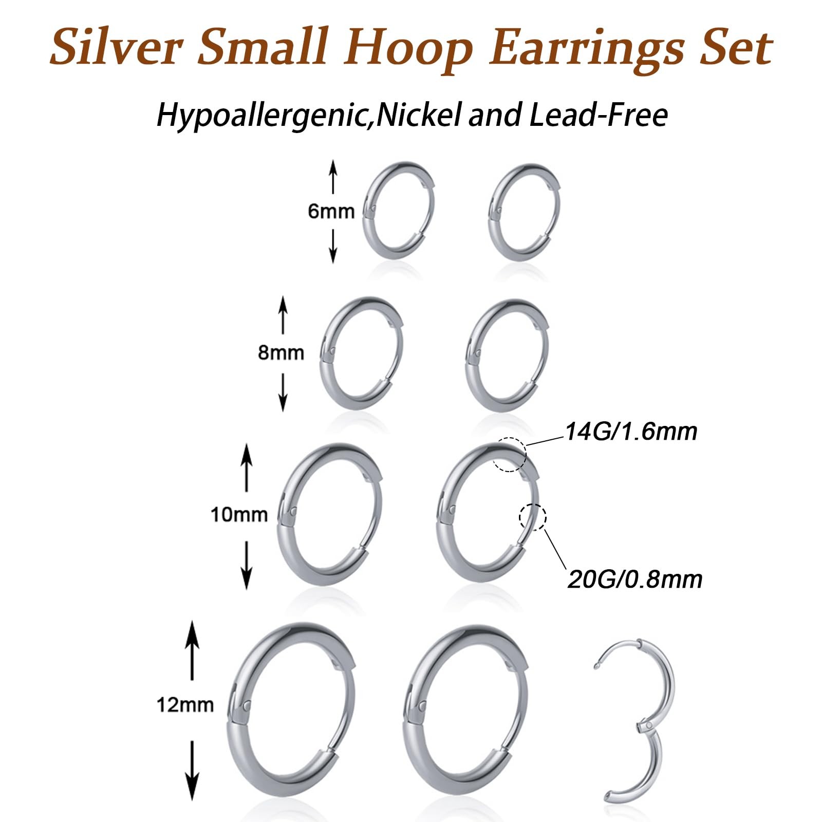 1 Pair 6mm Small Hoop Earrings for Women, 316L (Thickness: 1.6MM), Silver