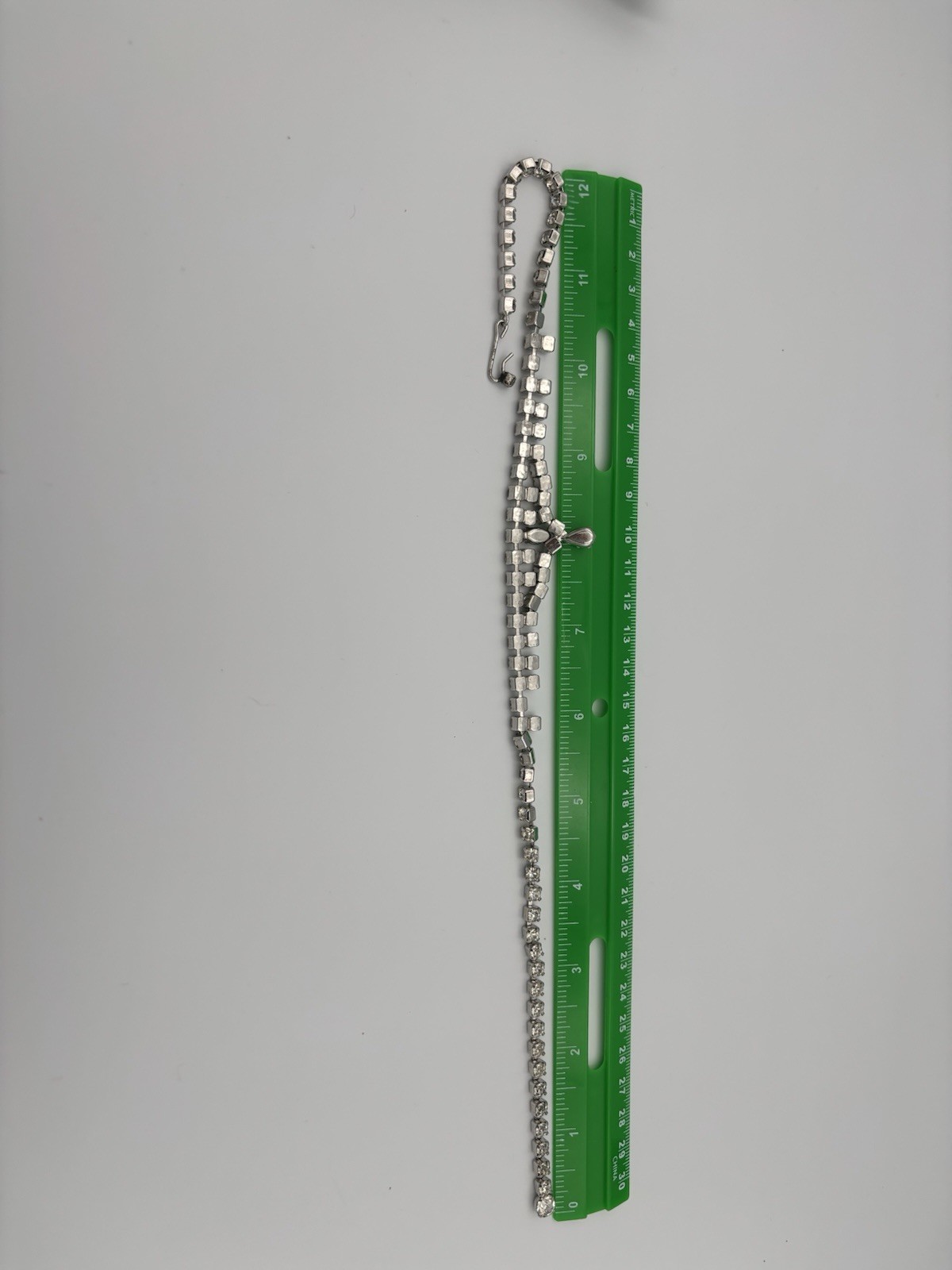 Silver Tone Rhinestone Bib Chain Necklace Hook Closure 15in Drop Pendant