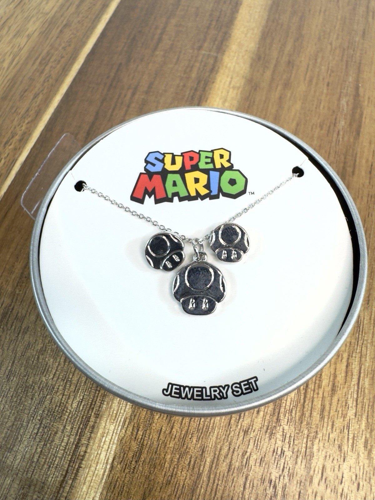 Nintendo Super Mario Earrings + Necklace Jewelry Gift Set in Tin Mushrooms